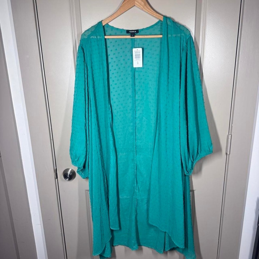 Torrid Teal See Through Long Cardigan with subtle polka dots Sz 5